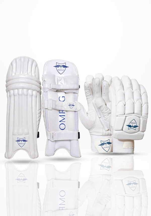 OMRAG - Cricket Bundle Batting Gloves Pads Adults Mens Right Hand Blue Classic Edition