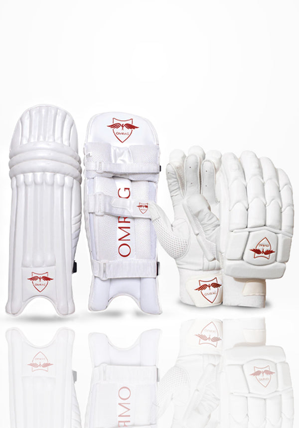 OMRAG - Cricket Bundle Batting Gloves Pads Adults Mens Right Hand Red Classic Edition