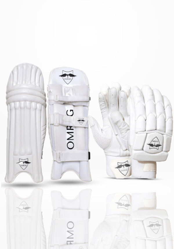 OMRAG - Cricket Bundle Batting Gloves Pads Adults Mens Right Hand Black Classic Edition